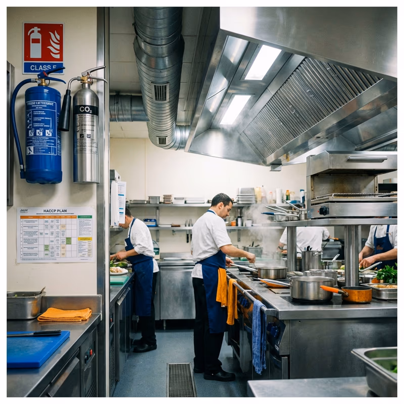 Cuisine professionnelle de restaurant avec extincteur classe F, extincteur CO2 et couverture anti-feu installés conformément aux normes ERP